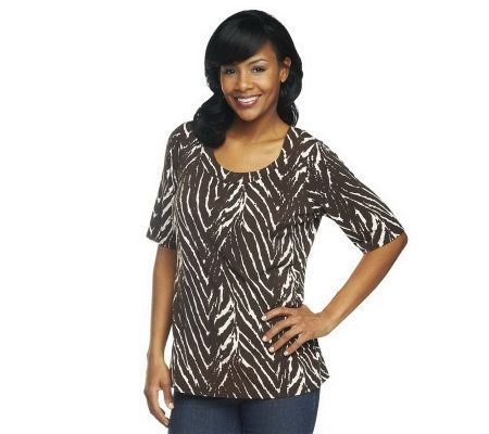 Susan Graver Liquid Knit Printed Top with Shirring Scoop Neckline - A199400