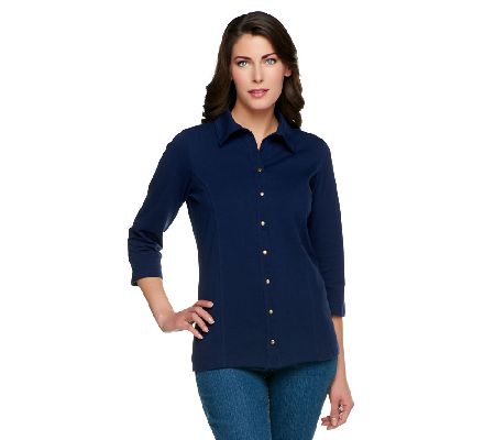 Denim & Co. 3/4 Sleeve Essentials Snap Front Knit Top - A215900