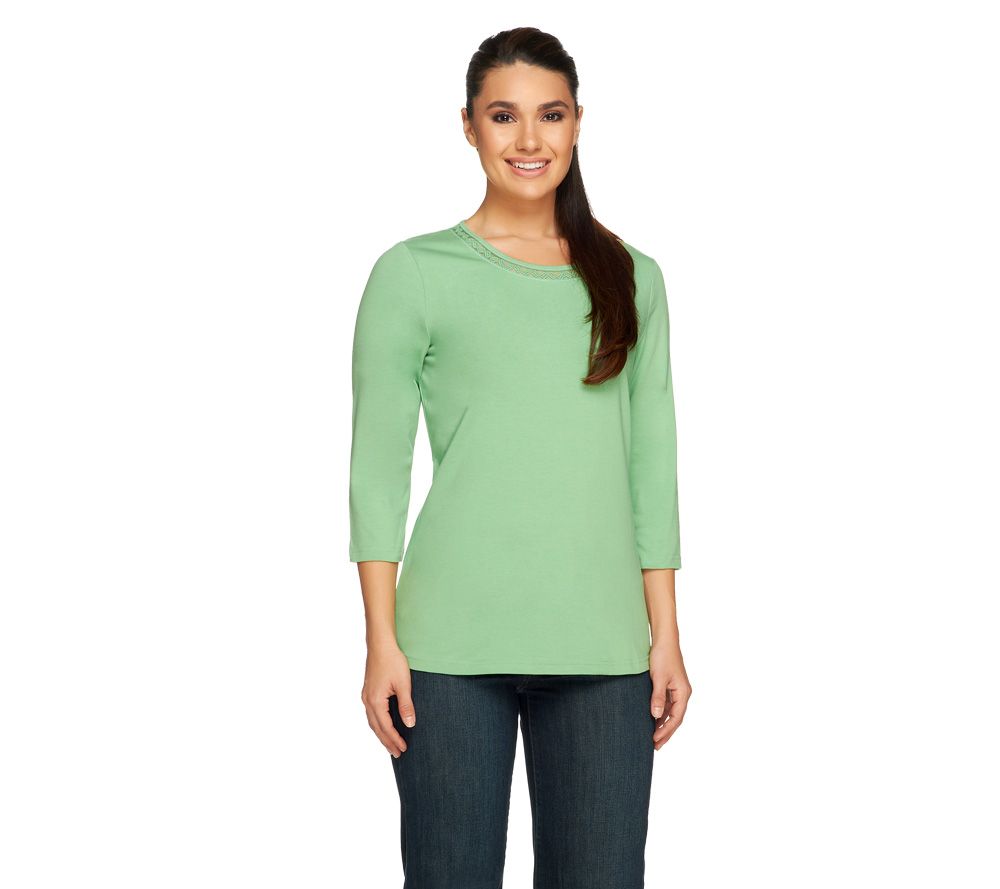 Denim & Co. 3/4 Sleeve Top with Lace Neckline Detail - A227200