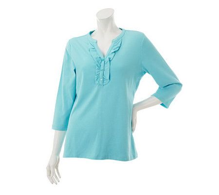 Denim & Co. 3/4 Sleeve Y-Neck Henley Top with Ruffle - A230300