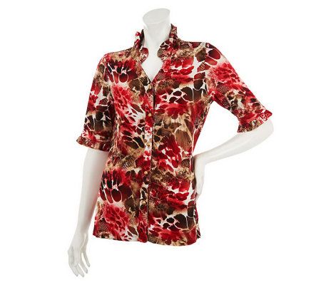 George Simonton Animal Print Button Front Top with Ruffle Detail - A230700