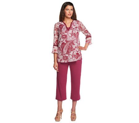 Susan Graver Retro Print Georgette Top with Knit Tank and Crop Pants - A9300