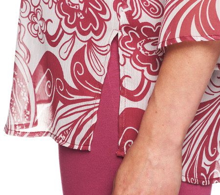 Susan Graver Retro Print Georgette Top with Knit Tank and Crop Pants