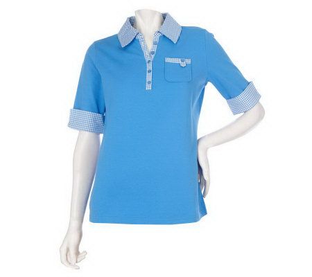 Denim & Co. 3/4 Sleeve Knit Polo with Gingham Trim - A213301