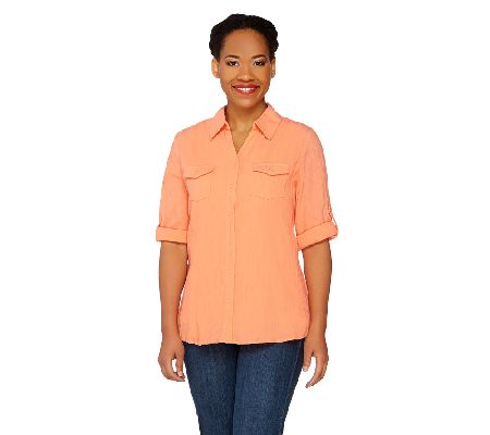 Denim & Co. Roll Sleeve Snap Front Gauze Top with Knit Tank - A215801
