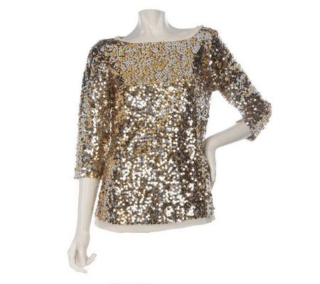 Kris Jenner Kollection 3/4 Sleeve Sequin Tunic w/Chiffon Hem - A220001