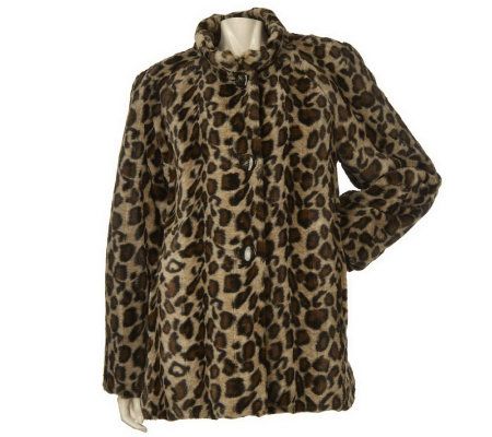 Dennis Basso Leopard Print Faux Fur Mock Neck Swing Coat - A220301