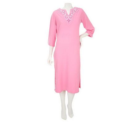 Bob Mackies Embroidered Split Neck 3/4 Sleeve Sleep Dress - A225401