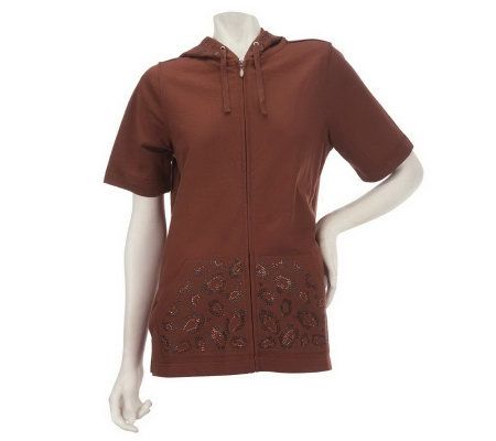 Quacker Factory Short Sleeve Zip-Up w/ Hood & Animal Detail on Pocket - A225701