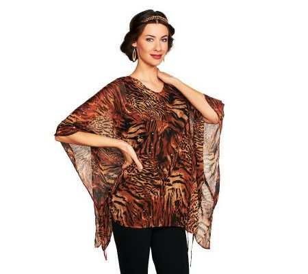 Joan Rivers Animal Print Sheer Top w/ Side Ruching Detail - A229901