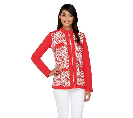 Susan Graver Printed French Terry Zip Front Long Sleeve Jacket - A231301