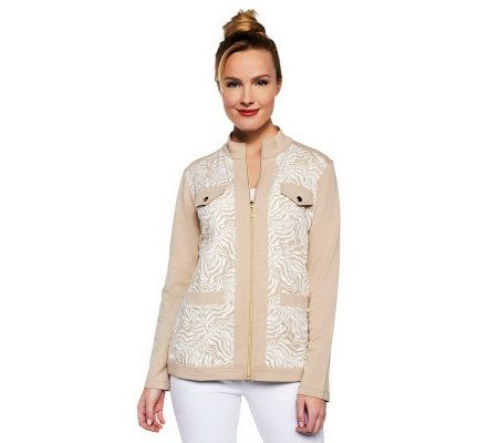 Susan Graver Printed French Terry Zip Front Long Sleeve Jacket - A231301
