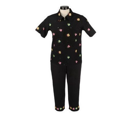 As Is Quacker Factory Stretch Linen Embroidered Shirt & Pants - A233001