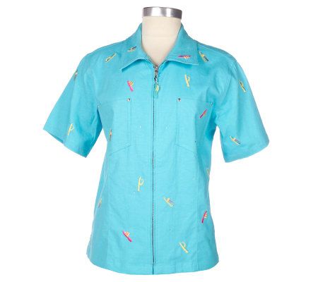 As Is Quacker Factory Stretch Linen Embroidered Shirt & Pants