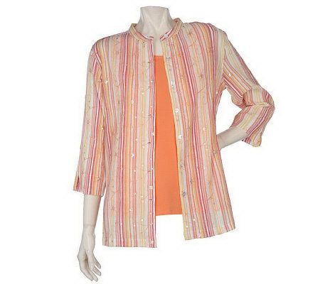 Susan Graver Striped Gauze Embroidered Tunic with Stretch Tank - A8901