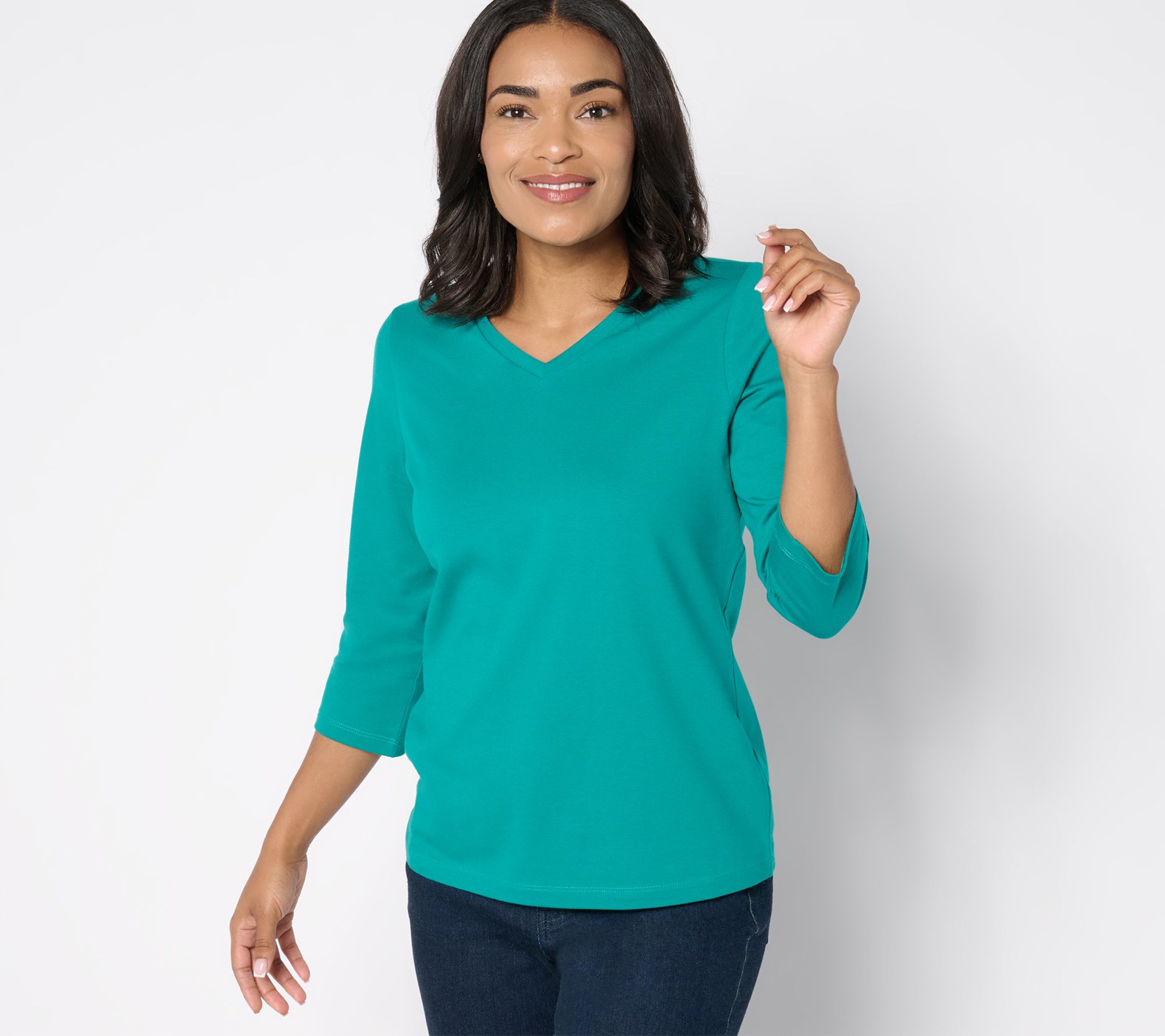 Denim & Co. Essentials Stretch 3/4 Sleeve V-Neck Top - A91601