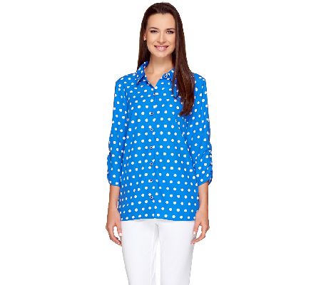 Susan Graver Cool Peach Polka Dot Shirt with Ruched Sleeves - A212902