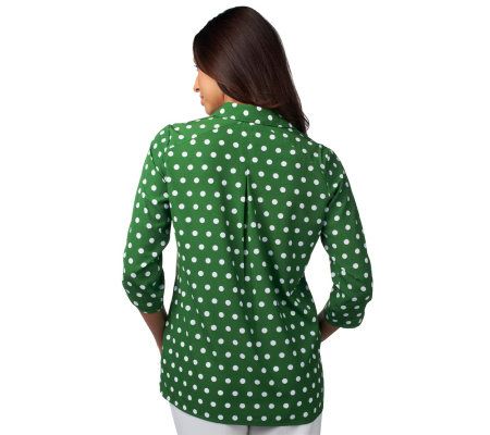 Susan Graver Cool Peach Polka Dot Shirt with Ruched Sleeves