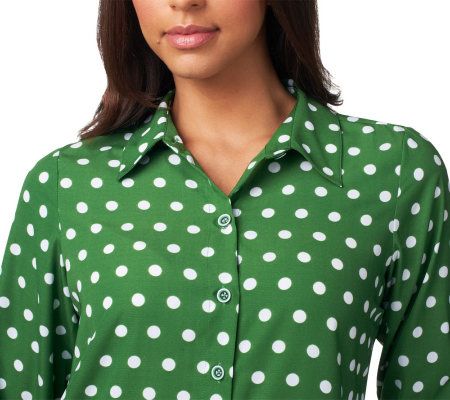 Susan Graver Cool Peach Polka Dot Shirt with Ruched Sleeves