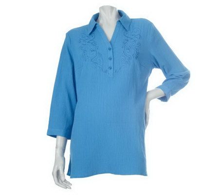 Denim & Co. 3/4 Sleeve Gauze Tunic with Embroidery - A215802