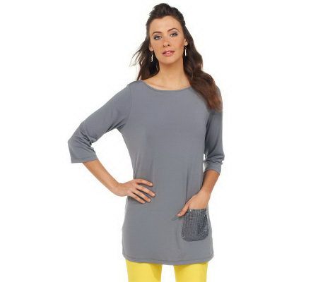 Joan Rivers 3/4 Sleeve Long T-Shirt with Sequin Pocket - A224902