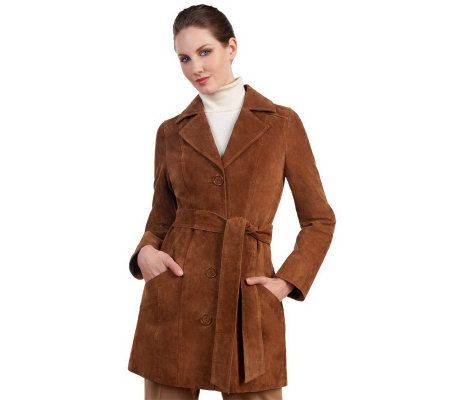 Dennis Basso Washable Suede Trench Coat w/ Removable Belt & Print Lining - A225202