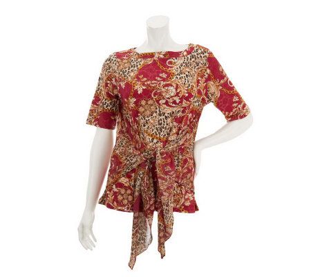 George Simonton Foil Print Milky Knit Top with Chiffon Detail - A230702