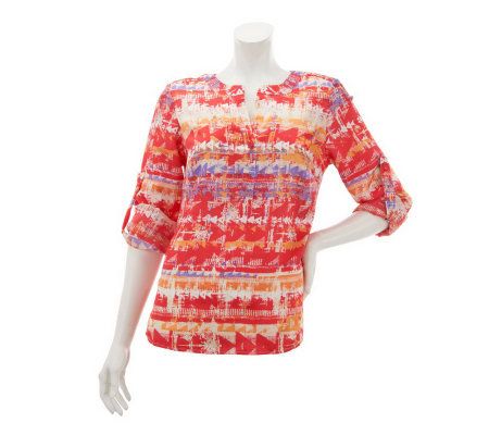 Belle Gray by Lisa Rinna Printed Blouse with Roll Tab Sleeves - A231402