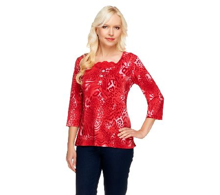 Susan Graver Liquid Knit Animal Print Top with Lace Inset - A81802