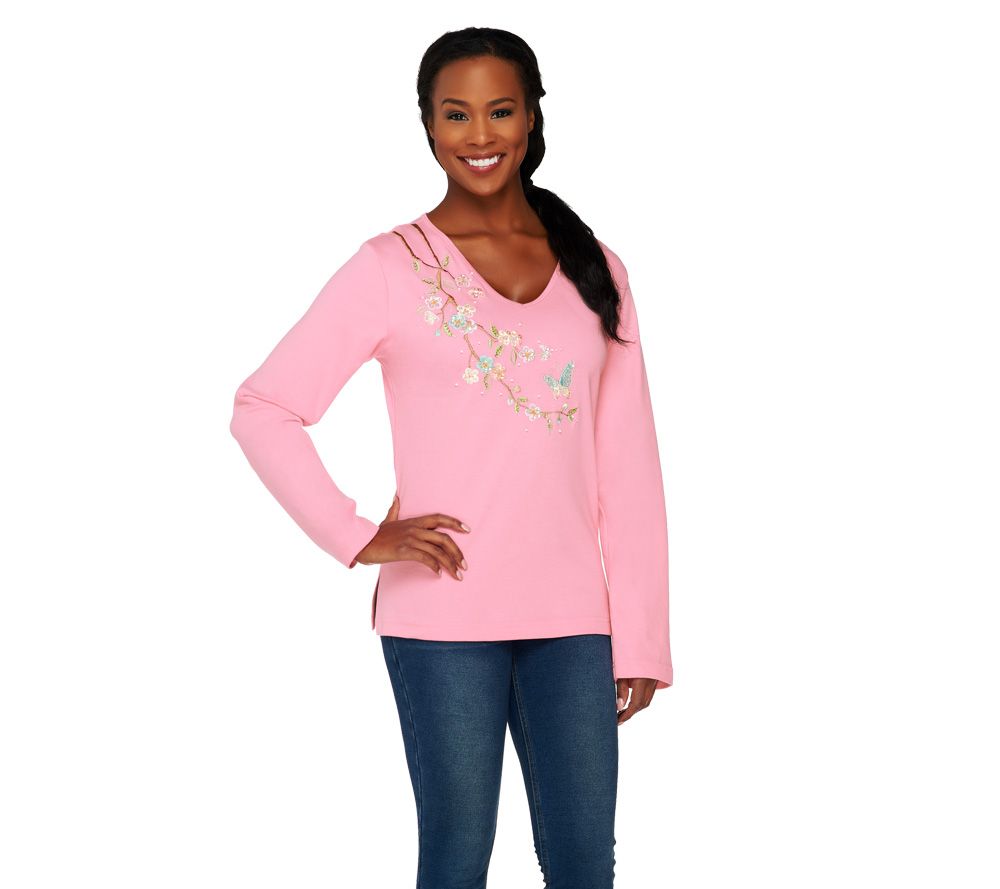 Quacker Factory Zen Garden Embroidered Long Sleeve V-Neck T-shirt - A87202