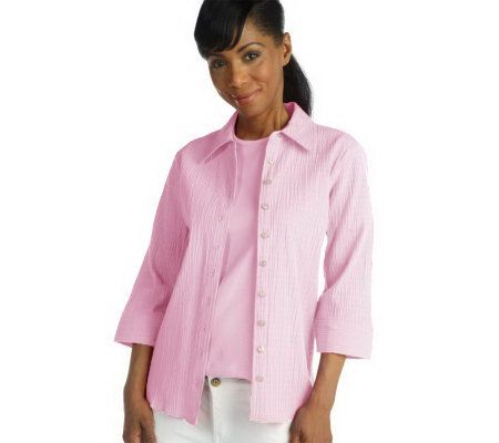 Denim & Co. Stretch Gauze 3/4 Sleeve Shirt and Stretch T-shirt - A18703