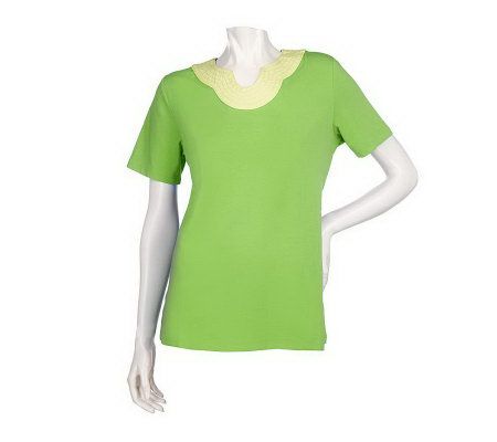 Denim & Co. Short Sleeve T-shirt with Trapunto Stitch Neckline Detail - A200803