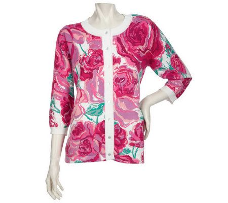 Bob Mackies Printed Rose Cardigan with 3/4Sleeves - A201003