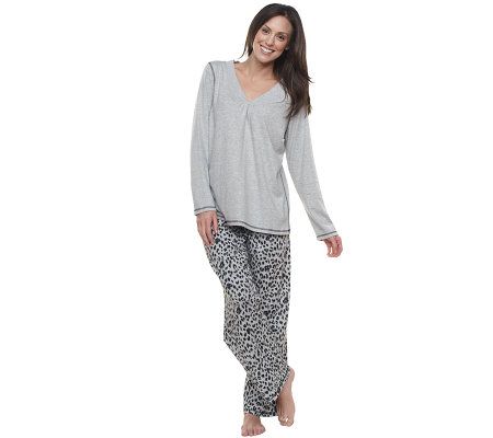 Carole Hochman 2pc Lounge Set with Solid Top and Animal Print Pants - A203103