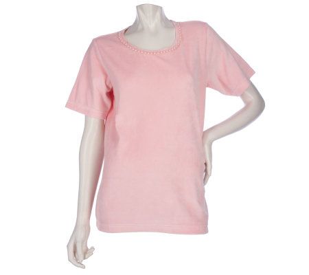 Quacker Factory Short Sleeve Simulated Pearl Velour Shell - A209303