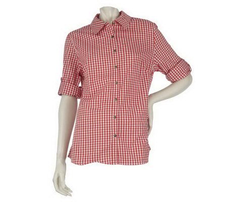 Denim & Co. Roll Sleeve Gingham Button Front Woven Shirt - A215803