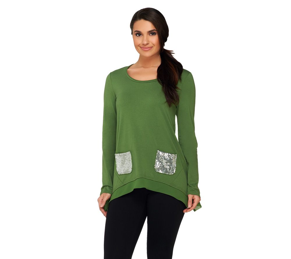 LOGO by Lori Goldstein Handkerchief Top with Sequin Pockets - A220103