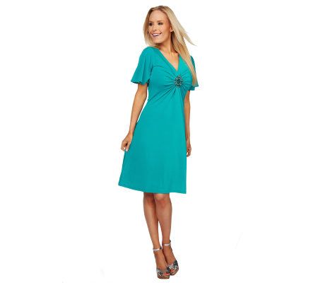 Susan Graver Liquid Knit V-neck Dress with Beaded Medallion - A222203