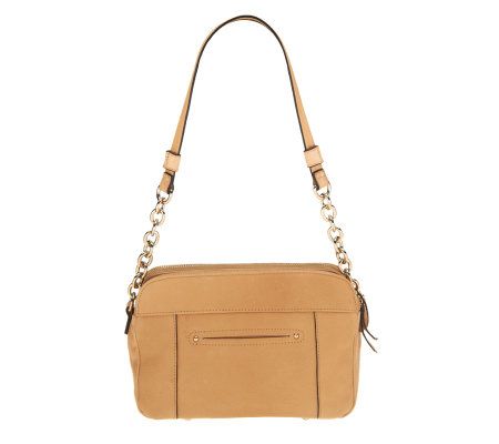 B. Makowsky Glove Leather Double Zip Top Shoulder Bag w/ Chain Detail