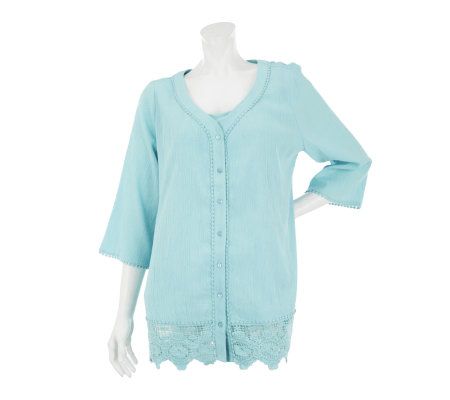 Denim & Co. Button Front Lace Detail Gauze Shirt with Tank - A232003