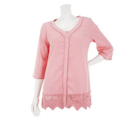 Denim & Co. Button Front Lace Detail Gauze Shirt with Tank - A232003