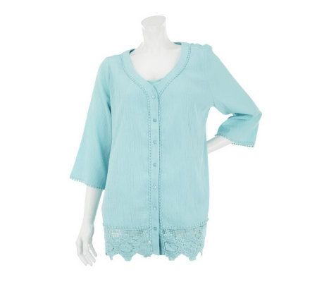 Denim & Co. Button Front Lace Detail Gauze Shirt with Tank - A232003