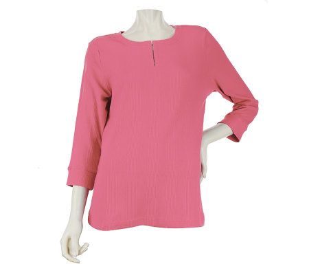 Denim & Co. 3/4 Sleeve Ribbed Henley w/ Hook and Eye Closure - A220604
