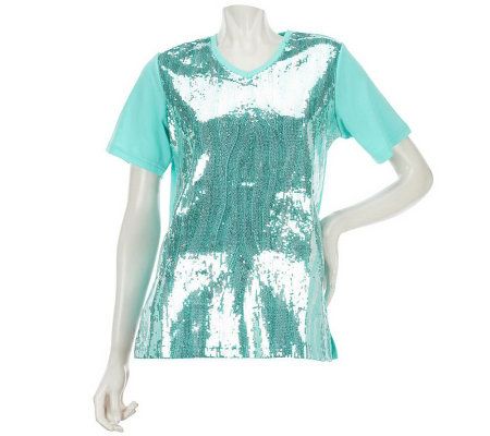 Quacker Factory Zebra Sequin V-Neck Short Sleeve T-shirt - A223904