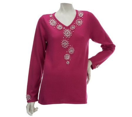 Quacker Factory Pearl Embellished Long Sleeve V-Neck Sweater - A226204