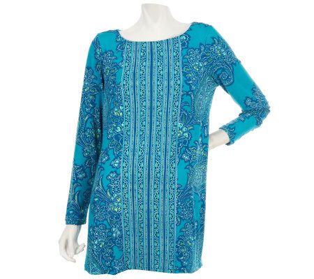 Bob Mackies Boat Neck Placement Print Long Sleeve Tunic - A228204