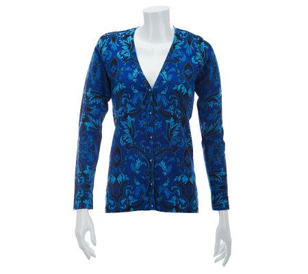 Isaac Mizrahi Live! Damask Print Cardigan with Jeweled Buttons - A229304