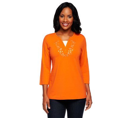 Denim & Co. 3/4 Sleeve Stretch Duet Top w/Inset and Bead Detail - A90204
