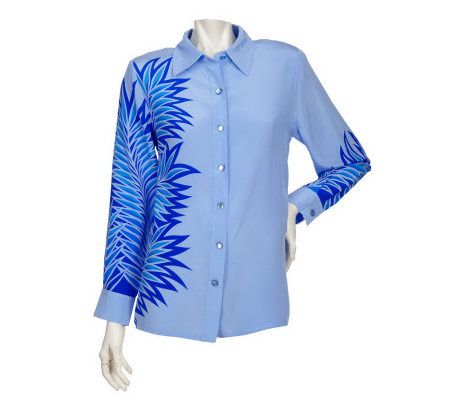 Bob Mackies Paradise Palm Button Front Silk Blouse - A201505