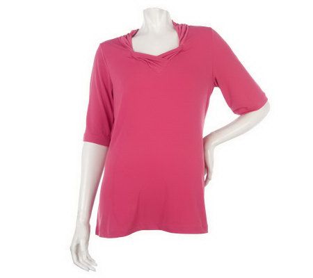 Susan Graver Liquid Knit Elbow Sleeve Twisted V-neck Top - A215705